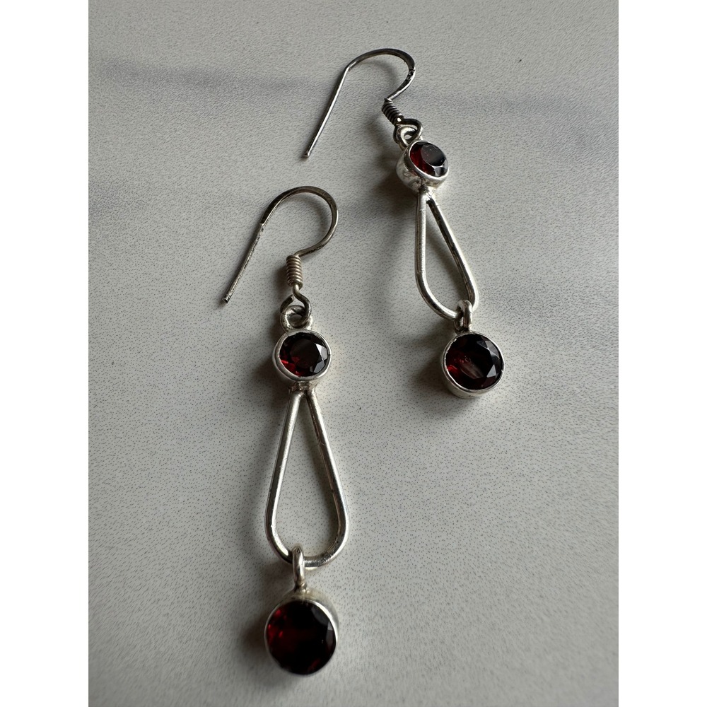 925 Sterling Silver Garnet Gemstone Geometric Teardrop Drop Earrings 3.9g